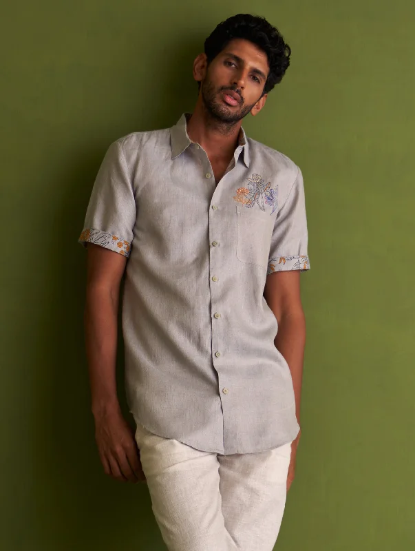 Runo Block-Printed Linen Shirt - Grey Layered Multi-layer Single Layer