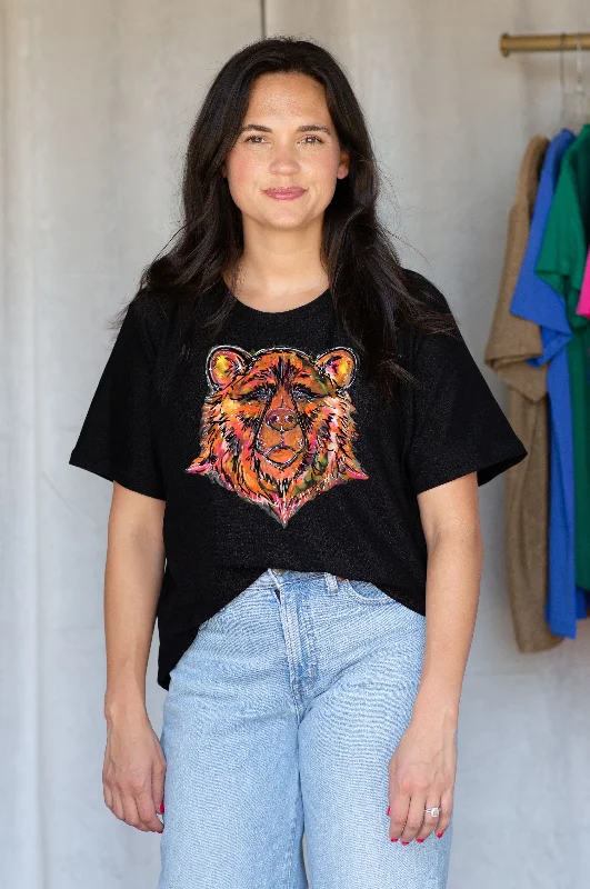 School Spirit Signature Sparkle Mascot Tee-Bears orange Striped Floral Plaid