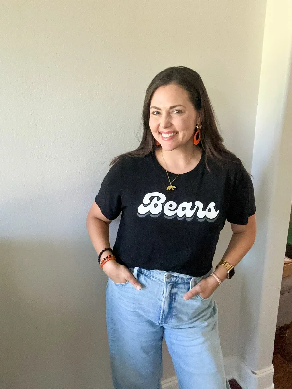 School Spirit Signature Tee Retro Bears Black Sparkle V-Neck T-Shirt Long Sleeve Cotton