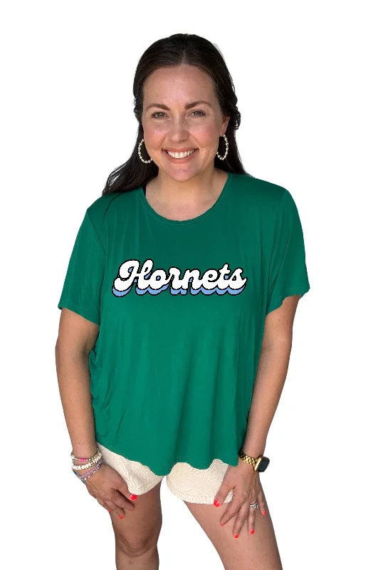 School Spirit Signature Tee Retro Hornets Green Notch Collar Peter Pan Collar Cowl Neck