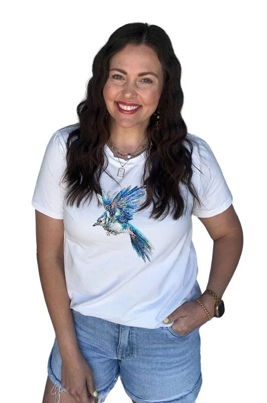 School Spirit White Classic Signature BLUEJAY Mascot Tee blue (PRE-ORDER) Silk Blend Satin Velvet School Spirit White Classic Signature BLUEJAY Mascot Tee blue (PRE-ORDER) Silk Blend Satin Velvet
