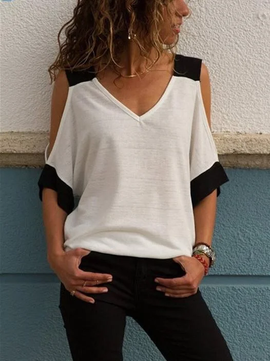 Summer Tshirt for Women New Fashion Sexy Off Shoulder V-Neck T-Shirt Women Black White Patchwork Top Tees V-Neck T-Shirt Long Sleeve Cotton