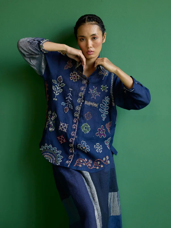 Tansa Hand-Embroidered Metallic Linen Shirt - Navy Notch Collar Peter Pan Collar Cowl Neck Tansa Hand-Embroidered Metallic Linen Shirt - Navy Notch Collar Peter Pan Collar Cowl Neck