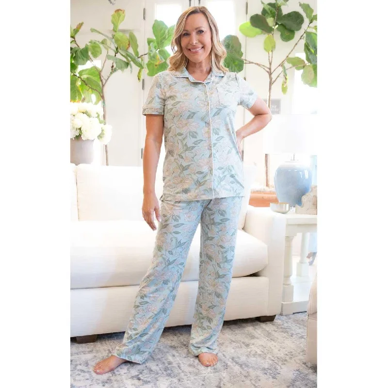 Magnolia Short Sleeve Button Up Sleep Shirt & Pants Set Hooded Caped Shawl Collar
