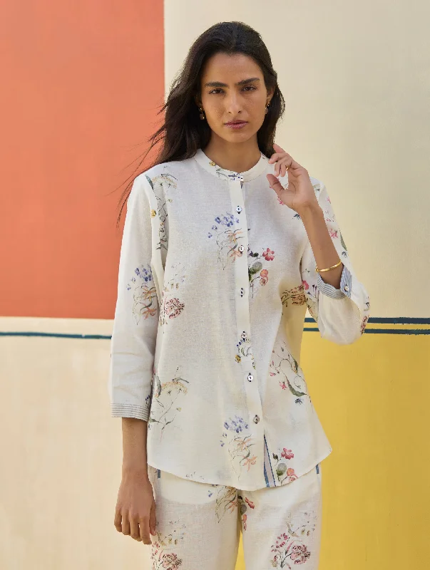 Vani Watercolour Floral Shirt - Ivory Satin Fabric Silk Fabric Chiffon Fabric