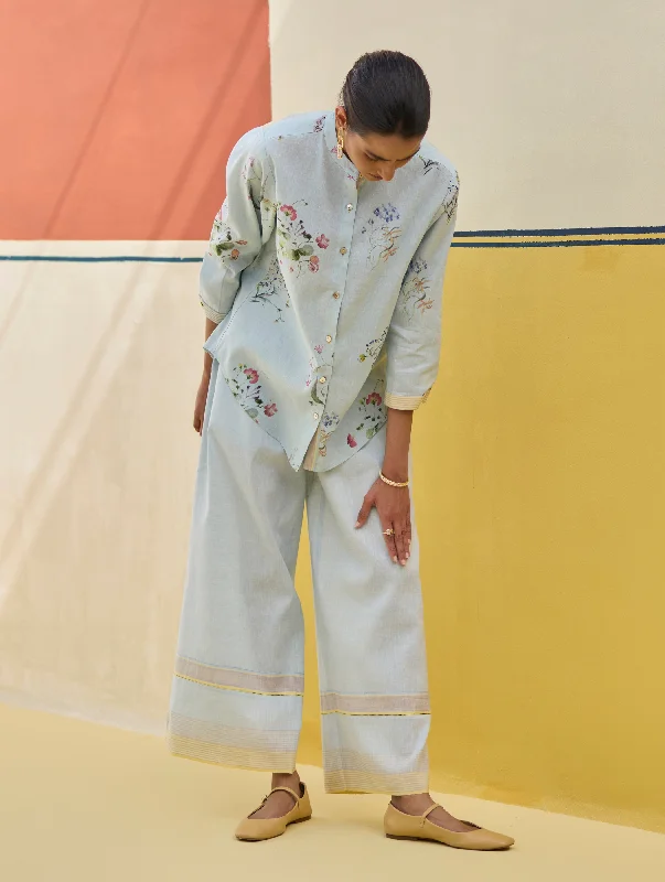 Vani Watercolour Floral Shirt - Sky Handmade Hand-knitted Hand-woven