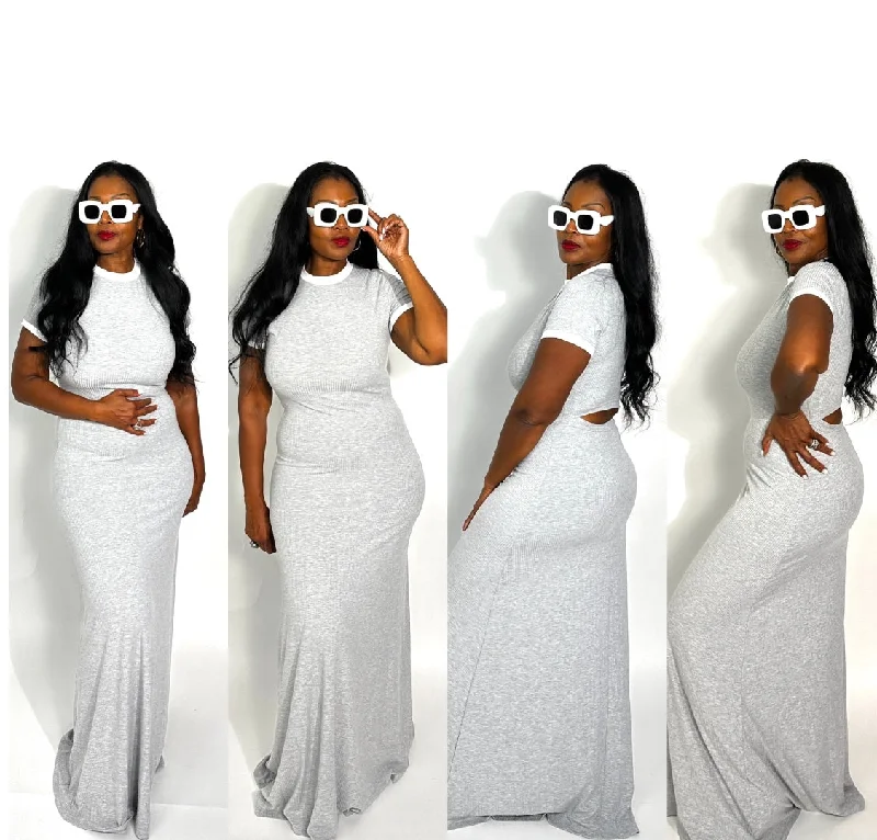 Very demure Grey with White Trim T Shirt Maxi in S-XL Welt Pockets Slit Pockets Flap Pockets