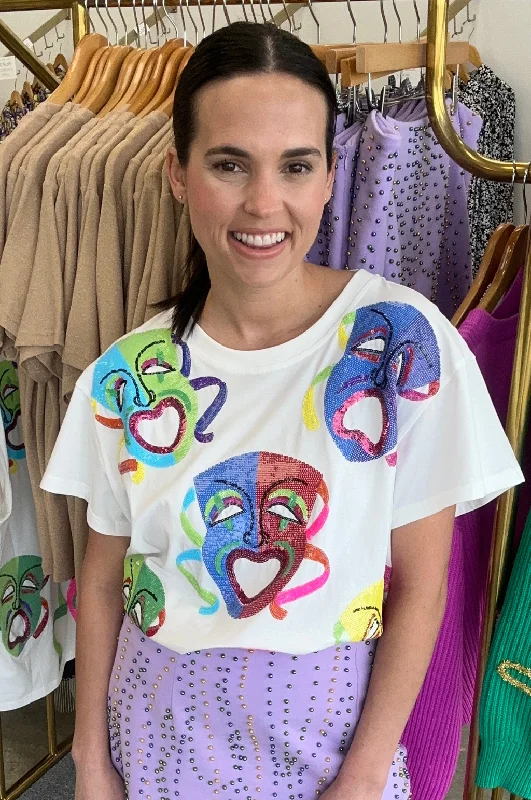 White Multi Mardi Gras Mask Tee by Queen of Sparkles Mesh Blend Leather Blend Suede Blend