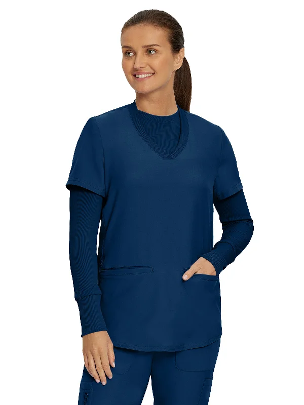 Women's 1-Pocket Long-Sleeve Crew Neck Underscrub Tee Polka Dot Checkered Tartan