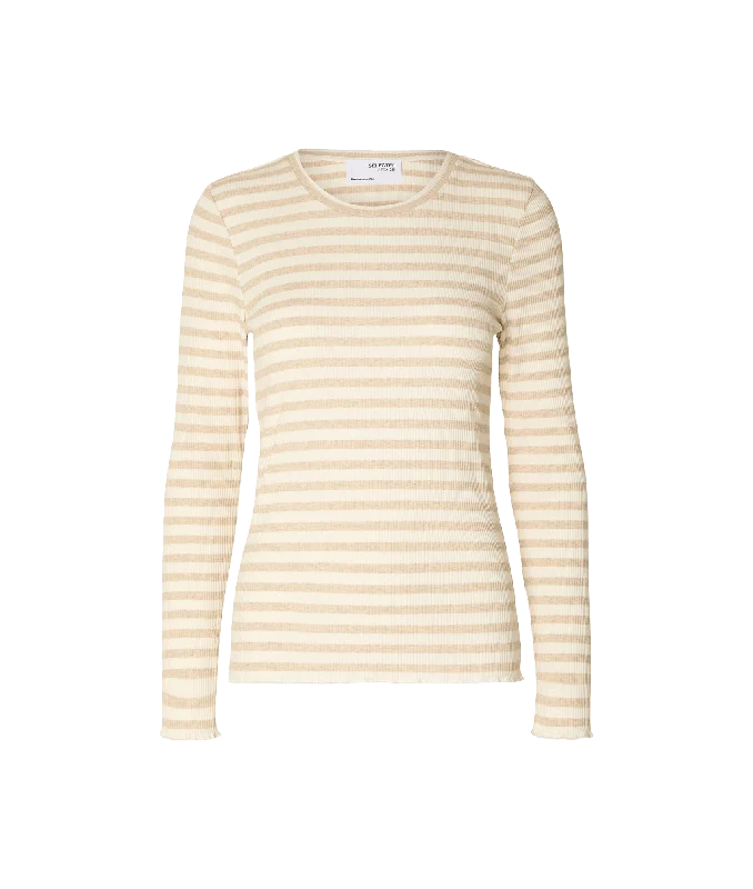 Striped Long-sleeved T-shirt - Cream Collared Crew Neck Turtle Neck
