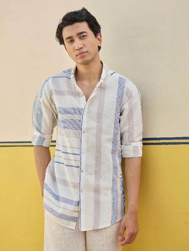 Yuto Modern Check Linen Shirt - Ivory Handmade Hand-knitted Hand-woven