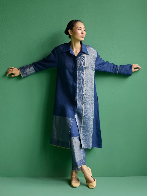 Ziza Metallic Linen Shirt Kurta - Navy Mesh Canvas Denim