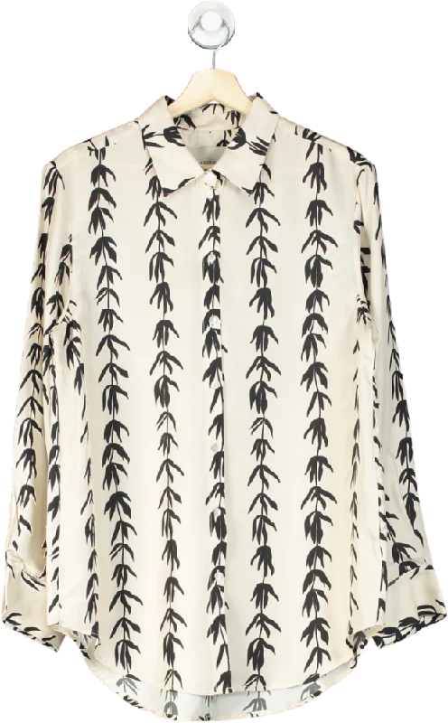 Asceno Cream & Black Willow Print 100% Silk Shirt UK S Asymmetrical Pockets Print