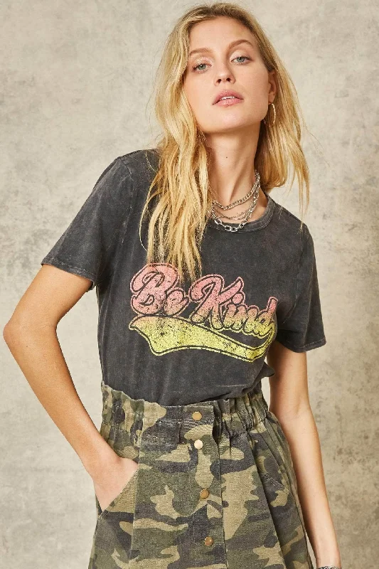 Be Kind Stone-Washed Vintage Graphic Tee Print Jacquard Patchwork