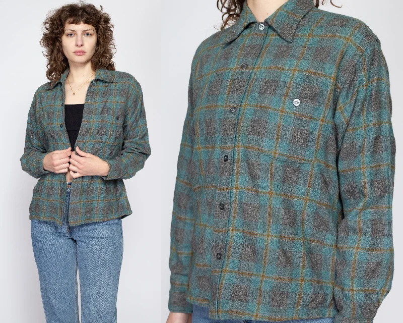 Large 70s Teal Green Plaid Wool Overshirt Front Pockets Side Pockets Patch Pockets