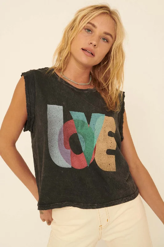 Love Vintage-Wash Sleeveless Graphic Tee Basic T-Shirt Crew Neck Short Sleeve