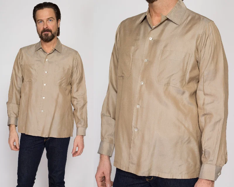 Medium 60s 70s Taupe Silk Loop Collar Shirt Machine Wash Dry Clean Hand Wash