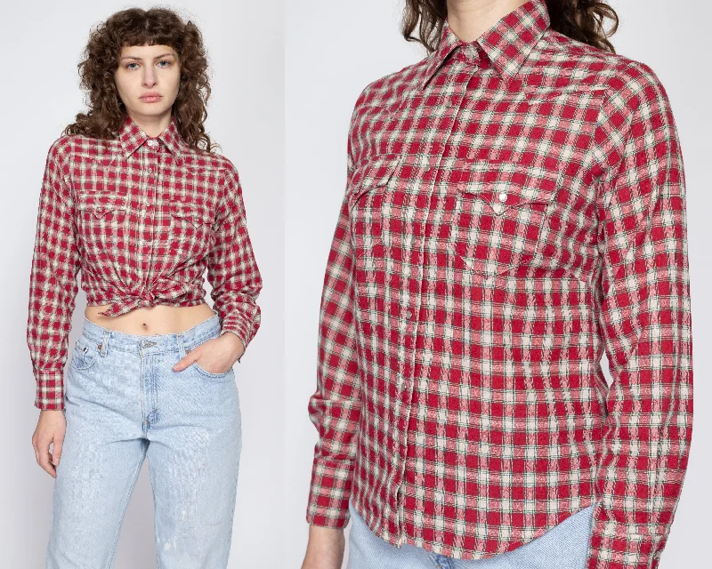 Medium 70s Red Plaid Pearl Snap Shirt Zippered Front Buttoned Front Snap Front