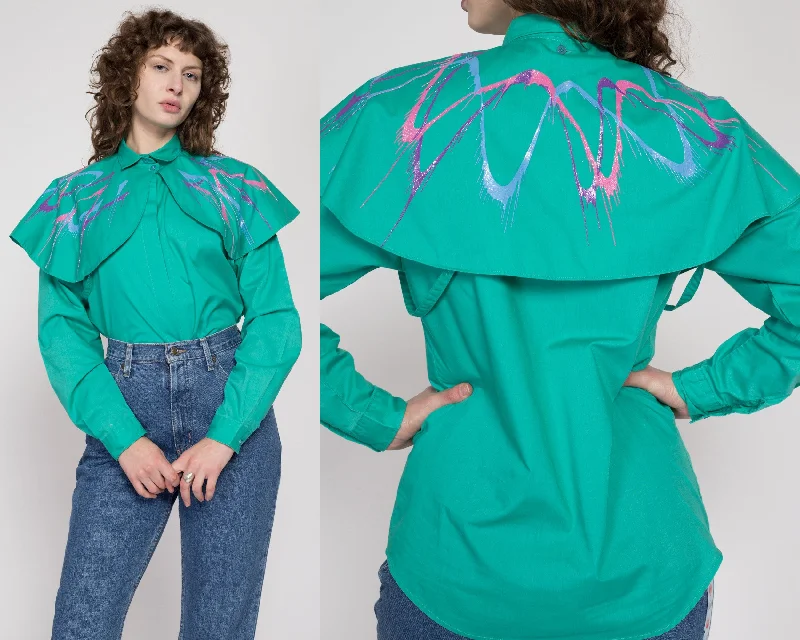 Medium 80s Teal Cameo Rose Western Capelet Shirt Fitted T-Shirt Seamless Stretchy