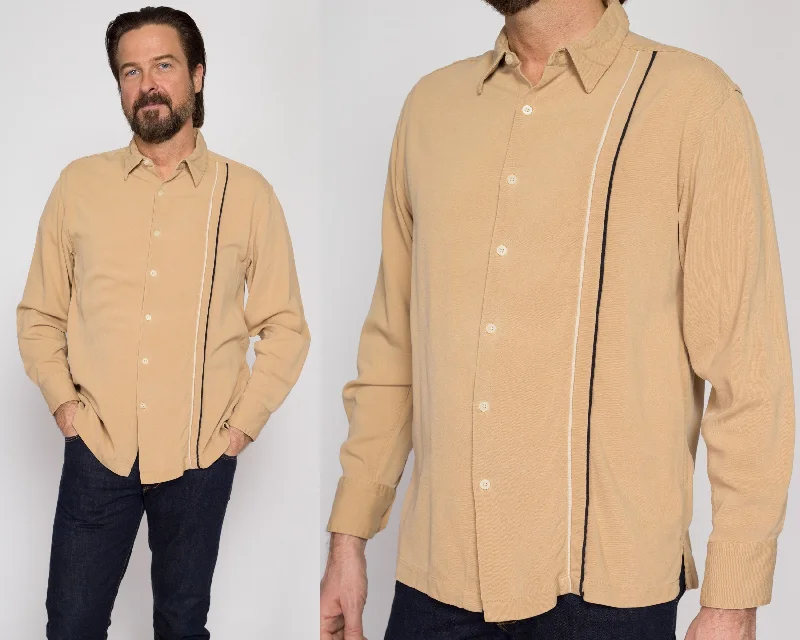 Medium 90s Geoffrey Beene Tan Ribbed Silk Shirt Graphic Embroidered Appliqued