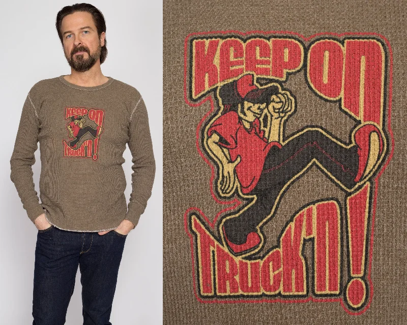 Medium 90s "Keep On Truck'n" Brown Waffle Knit Shirt Real Fur Shearling Chenille