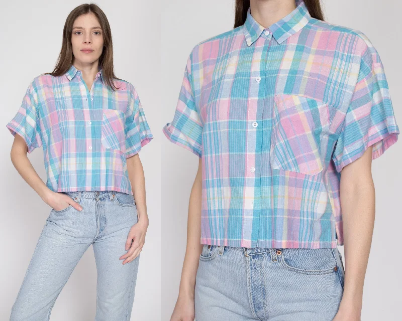 Medium 90s Pastel Plaid Button Up Cotton Shirt Fashionable Trendy Casual