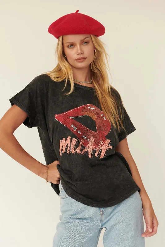 Muah Lips Vintage-Print Graphic Tee Cashmere Blend Cotton Blend Poly Blend