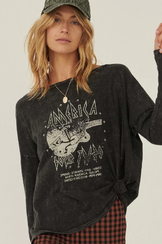 Rock America Vintage-Wash Long-Sleeve Graphic Tee Satin Blend Silk Blend Wool Blend