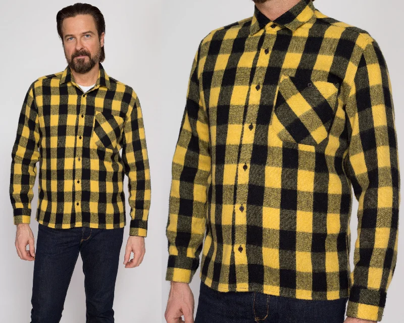 Small 70s Yellow Buffalo Plaid Flannel Shirt Cozy Warm Stylish