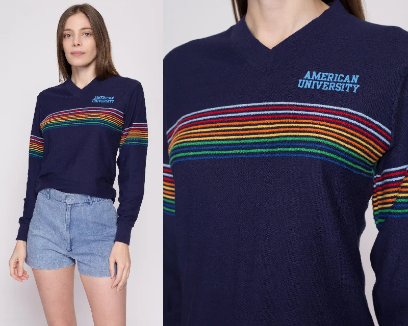 70s American University Rainbow Striped Shirt - Unisex Small Hooded Caped Shawl Collar