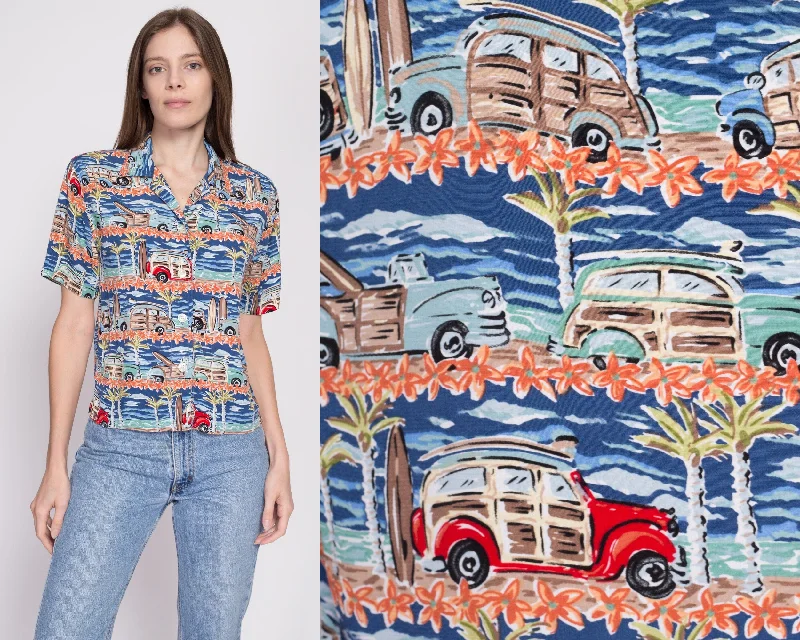 90s Woody Wagon Surfer Aloha Shirt - Small Nylon Fabric Polyester Fabric Spandex Fabric