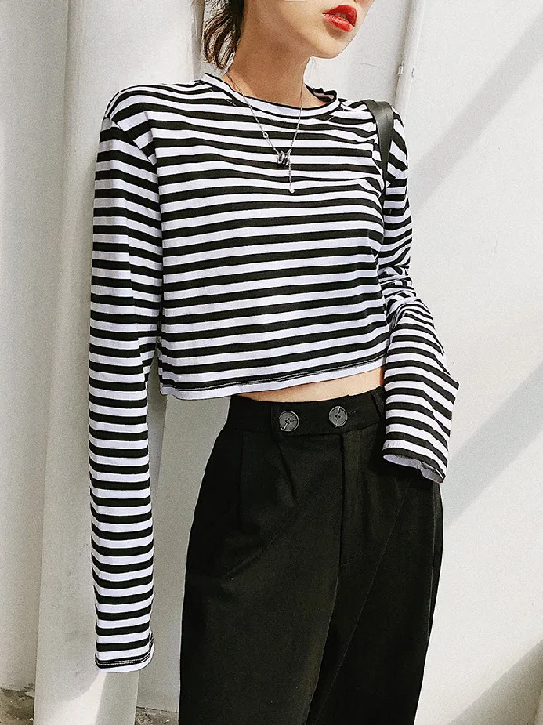 Black and white stripe long sleeve T shirt  323 Notch Collar Peter Pan Collar Cowl Neck