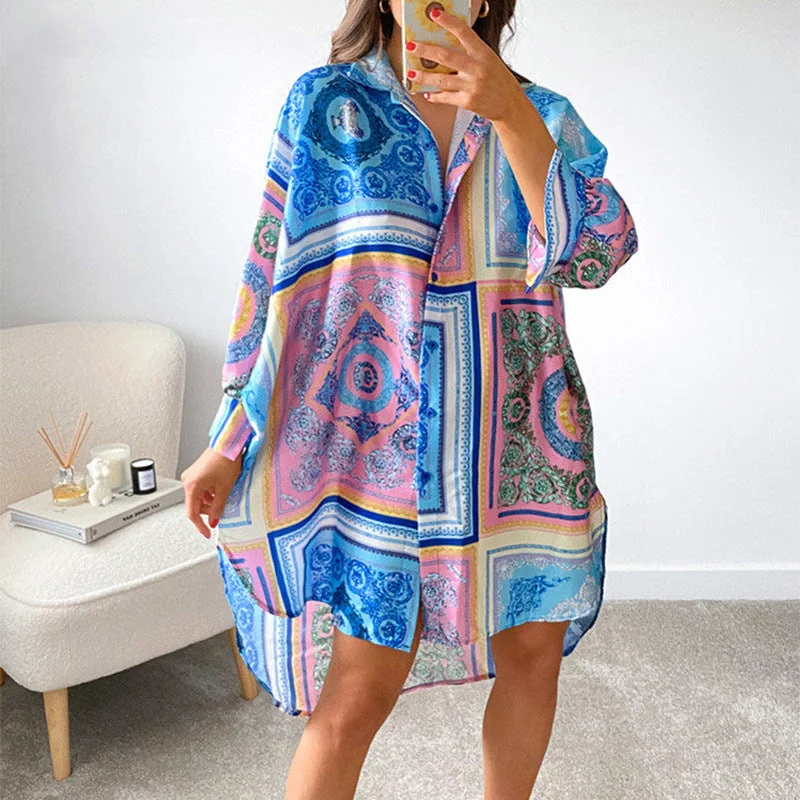 Casual Printed Long Women Loose Shirts Terry Blend Velvet Blend Canvas Blend