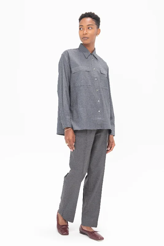 Wool Blend Shirt, Gray Collared T-Shirt Boat Neck A-Line