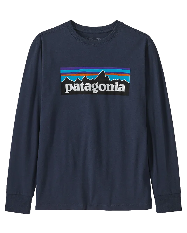 Patagonia Kids' Long Sleeve Regenerative Organic Certified Cotton P-6 T-Shirt - New Navy Front Pockets Side Pockets Patch Pockets