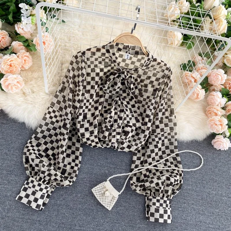 Retro bow round neck long-sleeved check chiffon shirt  316 Zippered Front Buttoned Front Snap Front