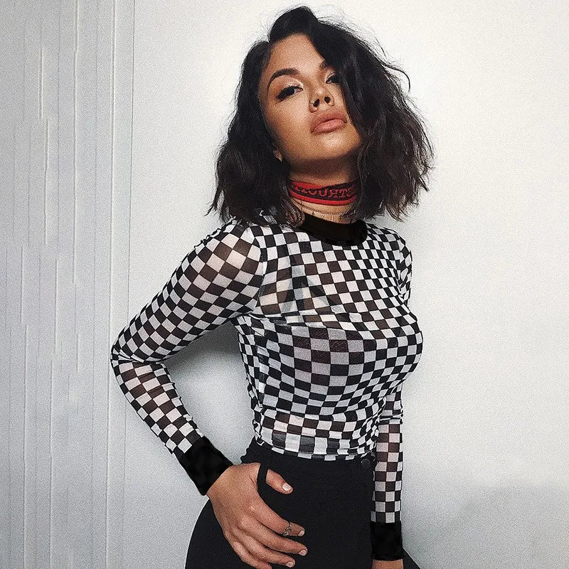 Sexy black white plaid checkerboard t-shirts for women Hollow out slim top female t-shirt long sleeve tee shirts Silk Blend Satin Velvet